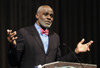 NFL Hall of Famer and Minnesota Supreme Court Justice Alan Page presents a chapel addresses on education, character and race relations shortly before his address at the Union Forum.
 - Photo by Jim Veneman