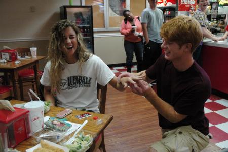 Ben Wilson, freshman chemistry major, proposes to Megan Daniel, freshman nursing major, after serenading her during Lambda Chi Alpha's Big-Little week. 