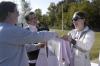 Senior social work major Deanna Nick greets Abby Stallings and her Husband John.  Abby drove from Meridian, Alabama to share her cancer-surviving testimony during Zeta's Breast Cancer awareness Walk-A-Thon on Saturday, Oct. 25. - Photo by Beth Spain