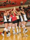 The Union volleyball team team celebrates after winning a point in the TranSouth Tournament. - Photo by Morris Abernathy