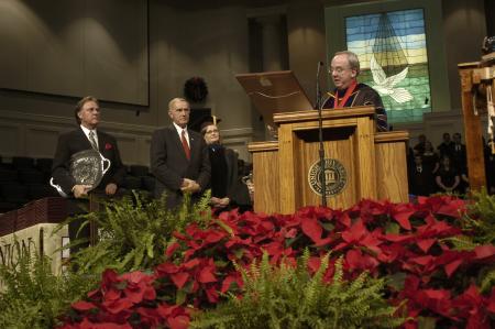 President Dockery honored Jackson Mayor Jerry Gist and Madison County Mayor Jimmy Harris with the Robert E. Craig Service Award during the fall commencement exercises at West Jackson Baptist Church. 