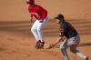 Sophomore outfielder Grant Luke stretches his lead at first base. - Photo by Morris Abernathy