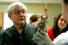 Biology professor James Huggins gives a presentation on the rescued owl that the Biology department takes care of.  Art students were the attendees of the presentation. - Photo by Kristi McMurry