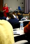 Kimberly Thornbury, dean of students, speaks to students during Leadership U about how time management is part of being an effective leader.  Leadership U is every second Tuesday of the month. - Photo by Kristi McMurry