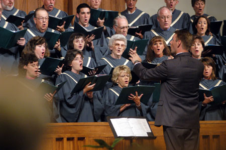 The First Baptist Church Jackson sanctuary choir ministered through music at a citywide prayer service for tornado victims.