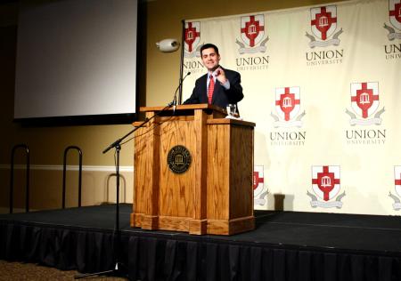 Russell Moore gives an address titled 'Of Sacraments and Sawdust: Toward the Future of Evangelical-Catholic Public Engagement' during the Making Men Moral conference.