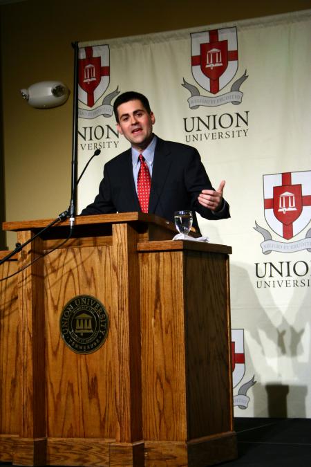 Russell Moore gives an address titled 'Of Sacraments and Sawdust: Toward the Future of Evangelical-Catholic Public Engagement' during the Making Men Moral conference.