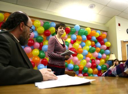 Kristen Marks, freshman art major, presents her space project in her 3-dimensional design class as Lee Benson, art chair, takes critique notes.