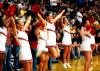 The Union Cheerleaders celebrate after a shot is made in the TranSouth Conference Tournament Finals against Freed-Hardeman. - Photo by Kristi McMurry