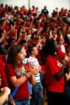 Fans cheer for Union at the TranSouth Conference Tournament Finals against Freed-Hardeman. Students were instructed to wear red for a 'red out.' - Photo by Kristi McMurry