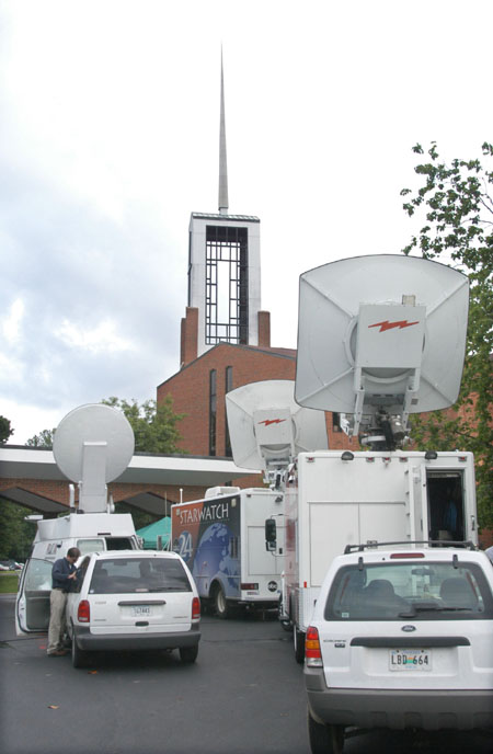 Satellite trucks from Memphis and Nashville television stations broadcast live from First Baptist Church, Jackson during the citywide prayer service.
