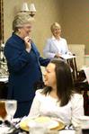 First Lady Lanese Dockery discusses proper interview etiquette with students, including junior biology major Mary LaMar.  - Photo by Kristi McMurry