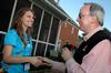 President Dockery greets Freshman Elyssa Cross during an ice cream social at his home during new student orientation. - Photo by Beth Spain