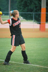Katie Tipton, out fielder from Louisville, Ky. at the 2003 NAIA Softball World Series in Decatur, Ala. versus the University of Mary. - Photo by Steven Aldridge