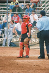 Megan Quarry, catcher from Decatur, Ala. at the 2003 NAIA Softball World Series in Decatur, Ala. versus the University of Mary. - Photo by Steven Aldridge
