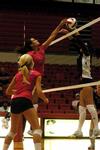 Marcela Madeira jumps for the ball during the women's volleyball game on against Brescia (Ky.). - Photo by Sarah Palmer