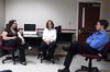 Melinda Eckley, assistant professor of art, and Kathy Chute, associate professor of communication arts, conduct an American Advertising Federation meeting with Steve Chandler. - Photo by Kristi McMurry