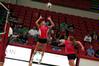 Katie Adams, senior communications major, sets the ball as Anna Sims, sophomore art major, approaches to spike it.  The Lady Bulldogs won this match against Martin Methodist 3-0. - Photo by Kristi McMurry