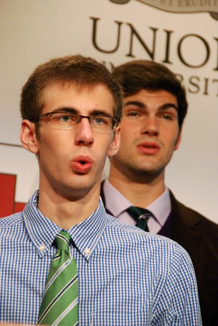 Music majors Bradford Carrington and Andrew Spena sing in Union's Proclamation Choir at the Southern Baptists, Evangelicals and the Future of Denominationalism Conference. 
