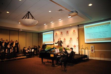 Chris Matthews, chair of the music department, leads music during the Wednesday evening worship service at the Southern Baptists, Evangelicals and the Future of Denominationalism conference.