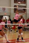 Marcela Madeira junior goes up for the hit against Freed during the Lady Bulldog Volleyball vs. Freed Hardeman University game (ACS Dig Pink Night) on  October 13, 2009.  - Photo by Megan Bailey