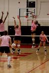 Marcela Madeira junior goes up for the hit against Freed during the Lady Bulldog Volleyball vs. Freed Hardeman University game (ACS Dig Pink Night) on  October 13, 2009.  - Photo by Megan Bailey