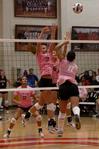 Anna Sims (17) sophomore  and Kelsey Duling (6) junior go up for the block during the Lady Bulldog Volleyball vs. Freed Hardeman University game (ACS Dig Pink Night) on  October 13, 2009.   - Photo by Megan Bailey