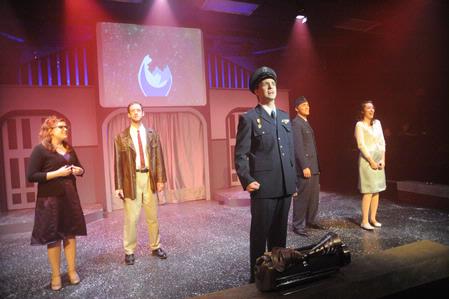 Tiffany Wade, Chad Hoy, Alex Evans, David Conway, and Abigail Ebensberger perform in Zombies from the Beyond.