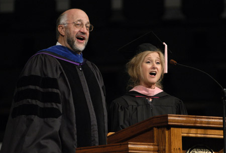 Dr. Richard Joiner, chair of the department of music, and Dianne Gatwood, associate professor of music, sing a duet entitled, <i>The Lord is My Light</i> at the August 2003 commencement exercises. 