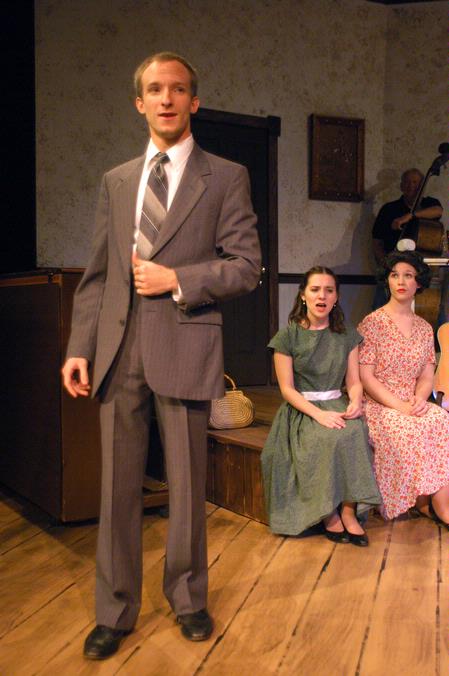 Kip Arrowood, Sara Chinery, and Emma Robertson perform in Smoke on the Mountain.