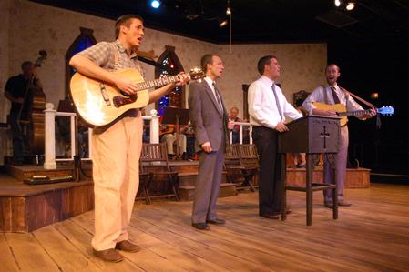 David Conway, Kip Arrowood, Dustin Perry, and Elijah Barnfield perform in Smoke on the Mountain.