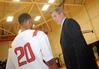 Union head coach, David Niven talks with Stan McNeil. - Photo by Morris Abernathy