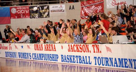 The crowd at the Championship game of the NAIA National Tournament gets excited about the game between the Lady Bulldogs and Azusa Pacific University. Union won the game 73-65.