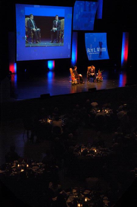 Dr. Charles Fowler asks Tim Tebow questions submitted by the audience after his speech at the Roy L. White Legacy Golf and Gala.