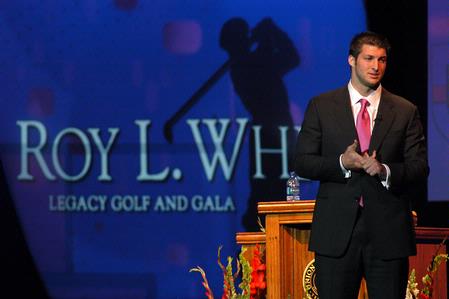 Tim Tebow speaks to the audience about what brings meaning to his life during Roy L. White Legacy Golf and Gala, April 19.