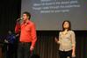 Jamie Evans, senior music education major, and Kristin Voorhies, senior music and English major, lead worship in chapel. - Photo by Lauren Laster