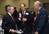 David Dockery, president of Union University, visits with Mike Weeks, Union's chairman of trustees and Rev. Skip Parvin, pastor of the First Baptist Church, Milan during the 2003 Red Carpet Banquet. - Photo by Jim Veneman