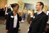 Reneé Jones and Zachary Pendergrass have a laugh at the Career Services open house.  - Photo by Morris Abernathy