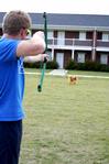Wade Evans, junior physical education and health major, competes in the archery category for his team during the Watters Great Outdoors event. - Photo by Deanna Santangelo
