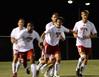 The men's soccer team celebrates after a goal against Delta State. The Bulldogs won the game 3-0. - Photo by Ebbie Davis