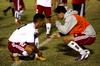 Cody Styx talks with teammate Brian Castro after the Bulldog soccer game against Mid-Continent University. - Photo by Ebbie Davis