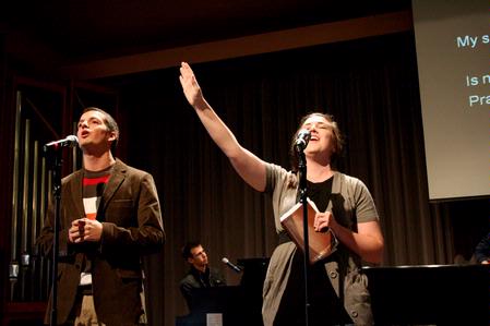 Students lead music in chapel.