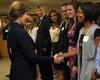 Laura Bush, former first lady of the United States, greets Melanie Taylor, sophomore sports ministry major, on Union's campus before speaking at the 13th annual Scholarship Banquet. - Photo by Beth Spain