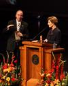 Dr. David S. Dockery, president of Union University, asks Laura Bush, former first lady of the United States, questions prompted by the attending donors and students of Union University at the 13th Annual Scholarship Banquet.  - Photo by Ebbie Davis