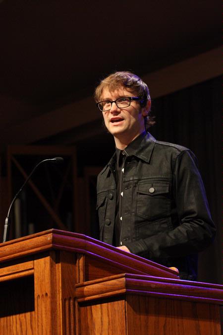 Greg Thornbury, dean of the school of theology & missions, introduces Hunter Baker as the speaker for chapel.