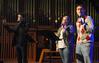 Bradford Carrington, junior church music major, Chelsea Jones, sophomore music major, and Jeremy Isbell, sophomore music major, lead an assortment of hymns during chapel. - Photo by Victoria Stargel