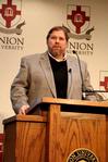 Ben Mitchell, Graves professor of moral philosophy, speaks on the history of transplanting organs. The lecture titled "Living With Someone Else's Liver" was held in the Grant Center  - Photo by Deanna Santangelo