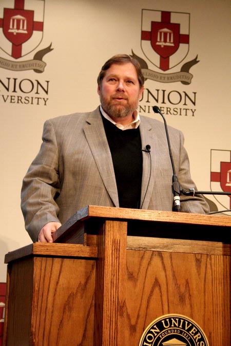 Ben Mitchell, Graves professor of moral philosophy, speaks on the history of transplanting organs. The lecture titled "Living With Someone Else's Liver" was held in the Grant Center 