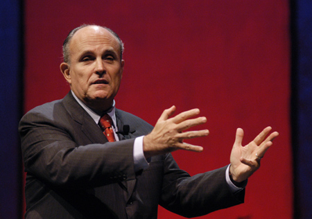 Former New York City Mayor Rudolph Giuliani speaks at the 2003 Scholarship Banquet.