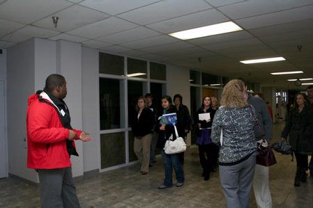 James Barbee, sophomore business administration major, leads a group of prospective students around Union's campus during a preview day.
